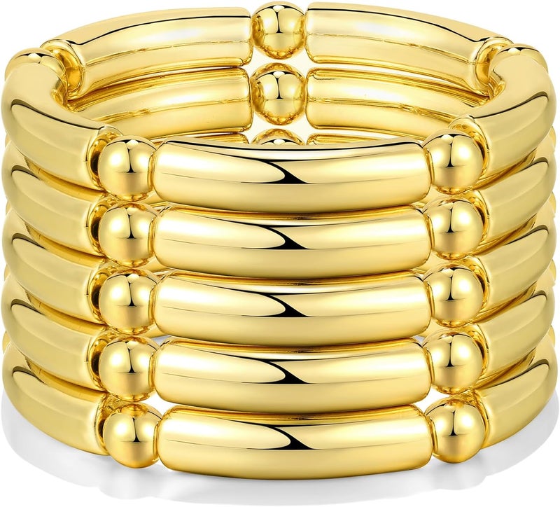 Badu Gold Chunky Bangles Bracelets For Women 14k Gold Plated Stack Layered Curved Bamboo Tube Stretch Bracelets Gift Jewelry - Image 1